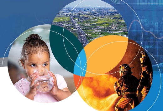 NIH Climate Change and Health Seminar Series: a little girl drinking a glass of water; bird's eye view of a road; first responders