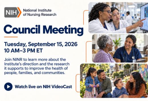 Announcing the 120th meeting of the National Advisory Council for Nursing Research (NACNR), including two nurses collaborating in front of a computer screen, a nurse with a patient, and a happy family.